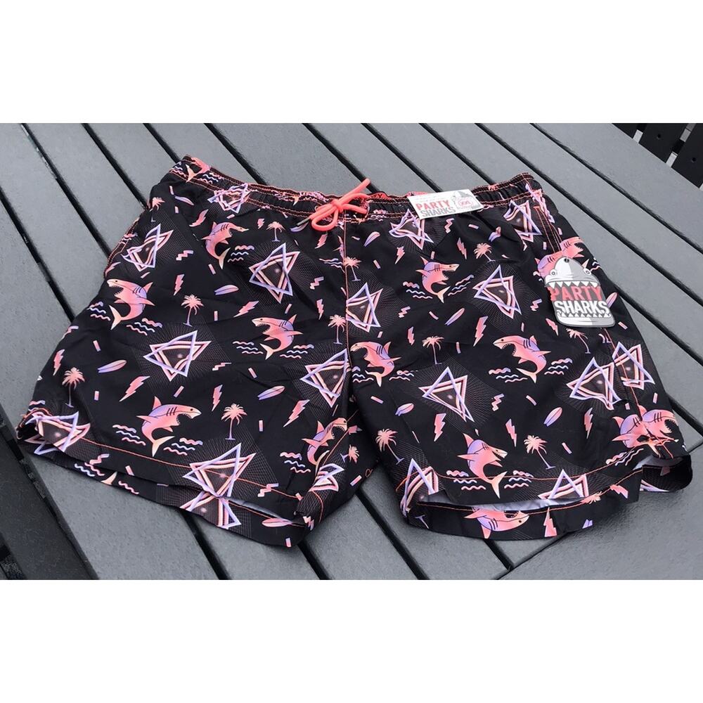 Men's Party Shark Swim Trunks Size XXL Neon Purple and Orange Sharks w/Lining.